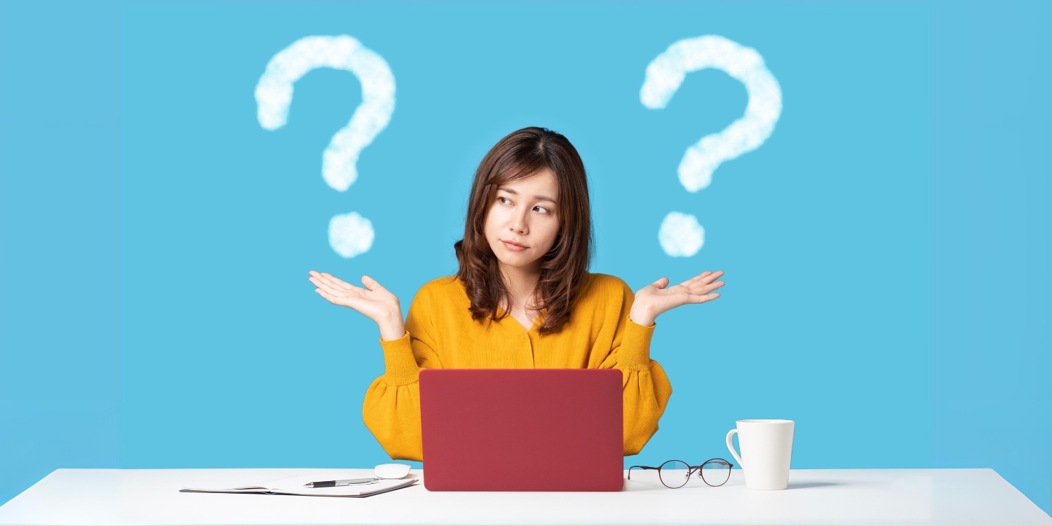 woman with cloud question marks